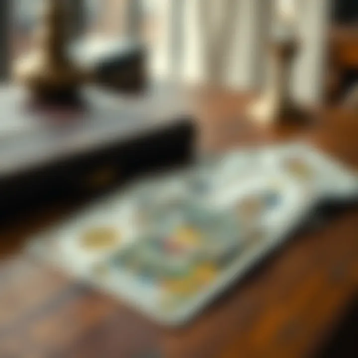 A set of poorly made fake tarot cards displayed on a wooden table, lacking a guidebook