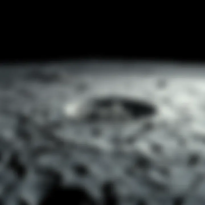A crater on the moon created by the impact of a Falcon 9 rocket, showing debris scattered around, against a dark lunar landscape.