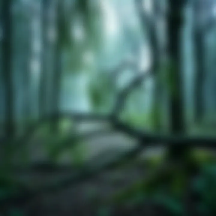 A broken willow tree lies on the ground in a forest, surrounded by greenery and fallen branches, reflecting loss and nature's power.