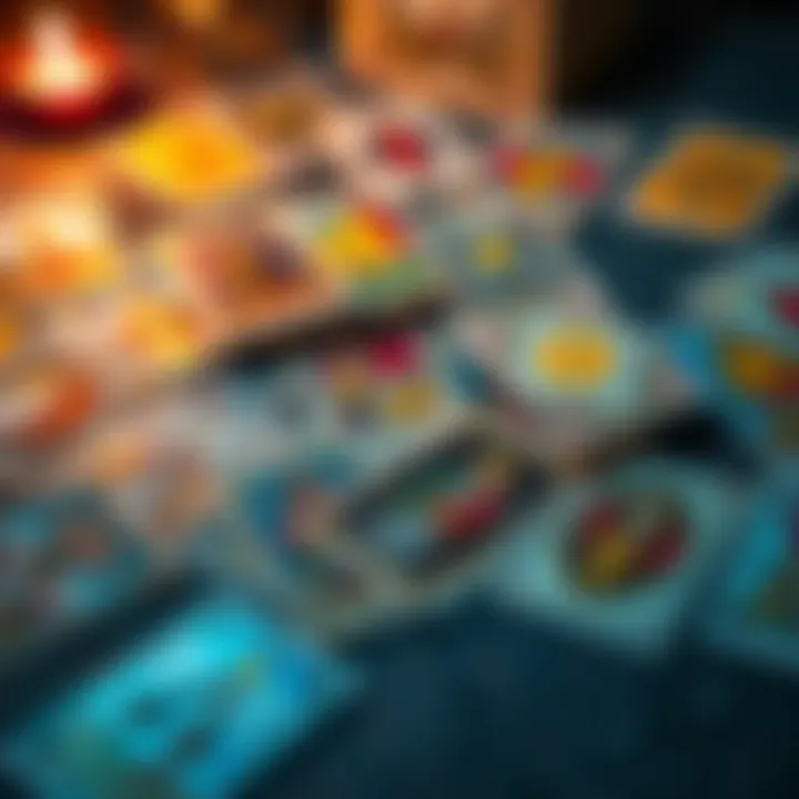 Falling Tarot Cards A set of tarot cards scattered on a table, showing various images and symbols, indicating cards that fell while shuffling.