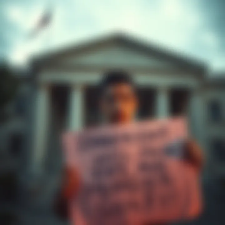 A distraught individual stands outside a courthouse, looking distressed while holding a sign that reads 'Innocent Until Proven Guilty'.