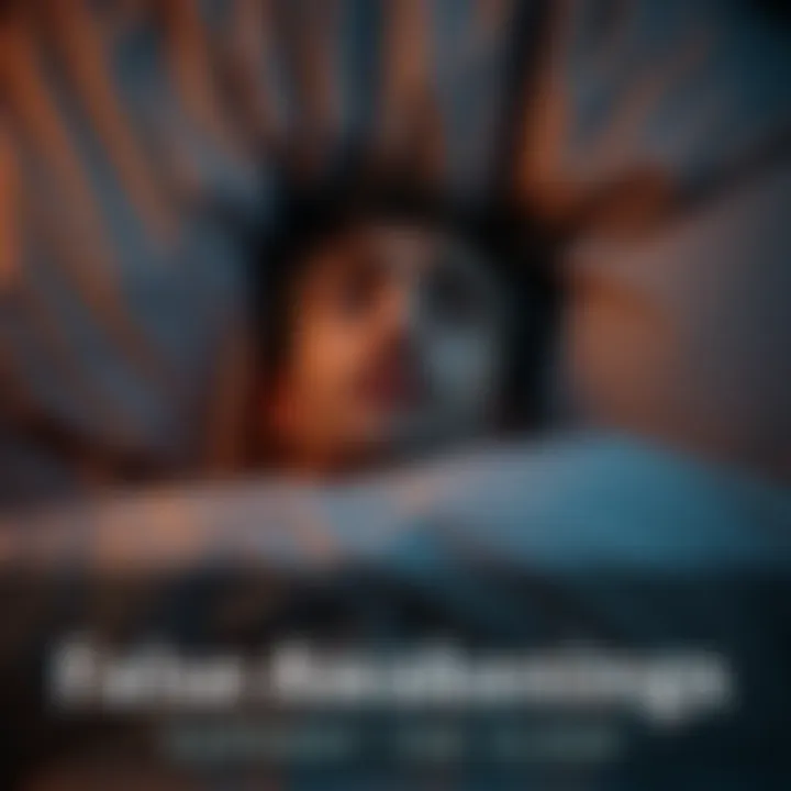 A person lies in bed with eyes open, looking confused and aware of their surroundings while still appearing to be asleep, suggesting a false awakening experience.