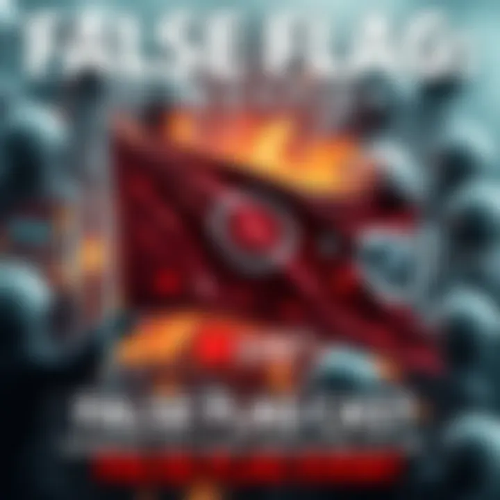A graphic illustrating a flag with hidden symbols, representing the idea of a false flag event, surrounded by news headlines and social media icons