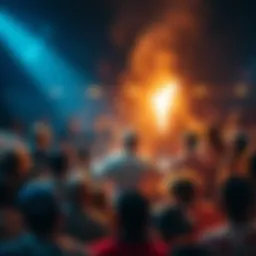 A crowd gathered around a person claiming to perform miracles, with expressions of awe and skepticism on their faces.