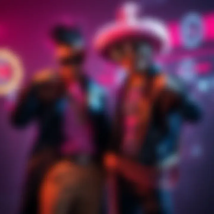 Two individuals in flashy clothing posing dramatically to attract attention