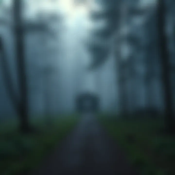 A misty forest with a path leading to an old cabin, evoking a sense of nostalgia and dreams.