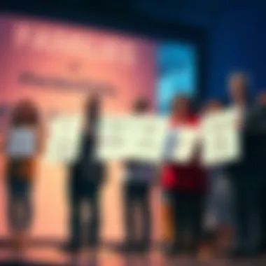 A group of family members holding signs at a press conference, expressing concerns about missing scientists and media claims.