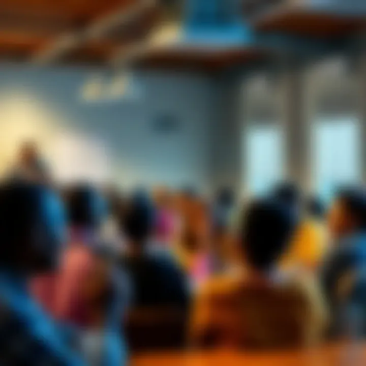 A group of diverse families discussing educational choices at a community meeting