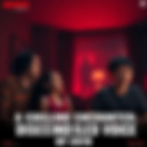 A family in a dimly lit room with shocked expressions, looking towards an unseen source of sound, as a ghostly figure looms faintly in the background.