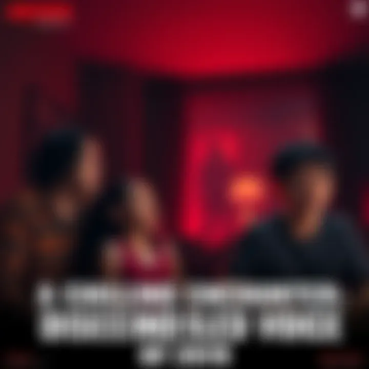 A family in a dimly lit room with shocked expressions, looking towards an unseen source of sound, as a ghostly figure looms faintly in the background.