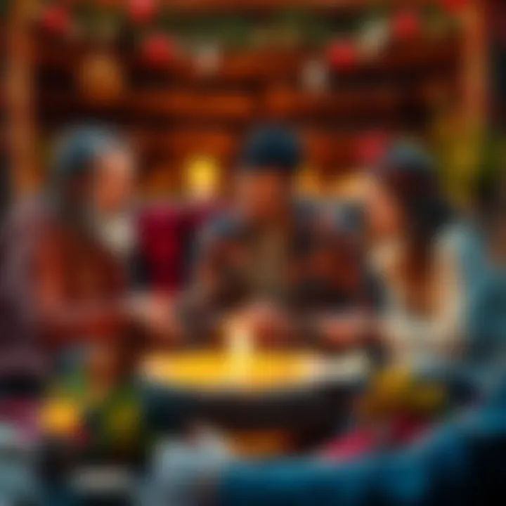 A family in Arizona gathers around a Yule log, engaging in spell work with money oil and wish papers, surrounded by natural elements for a festive atmosphere.