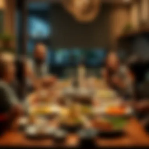 A family gathered around a dinner table enjoying a variety of colorful dishes and sharing laughter.