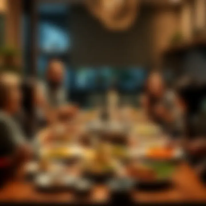 A family gathered around a dinner table enjoying a variety of colorful dishes and sharing laughter.