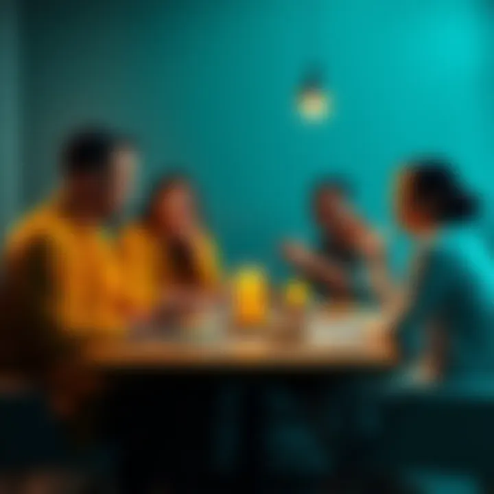 A family sitting around a table, showing mixed reactions while discussing the First Noble Truth of Buddhism, with one person explaining and others laughing or looking skeptical.