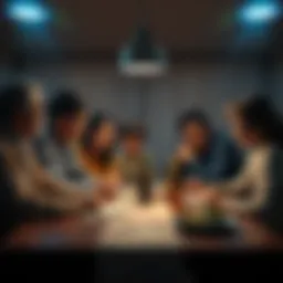 A family gathered around a dining table engaged in a serious discussion about Unidentified Aerial Phenomena files, with a sense of skepticism in the air.