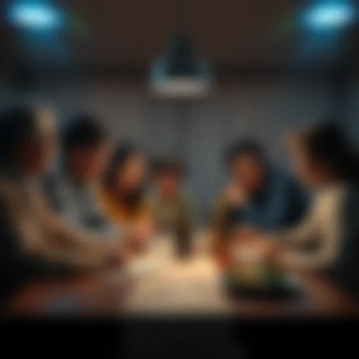 A family gathered around a dining table engaged in a serious discussion about Unidentified Aerial Phenomena files, with a sense of skepticism in the air.