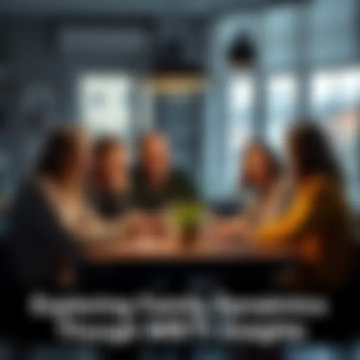 A family gathered around a table, discussing personality types and how they affect their relationships, with smiles and engaged expressions.
