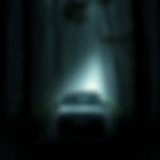 A car with a family inside driving down a narrow, dark path surrounded by tall, shadowy trees in a rural Indian forest.