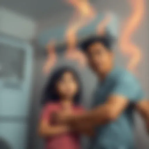 A family looking concerned next to an air conditioning unit, with visible odors depicted as wavy lines.
