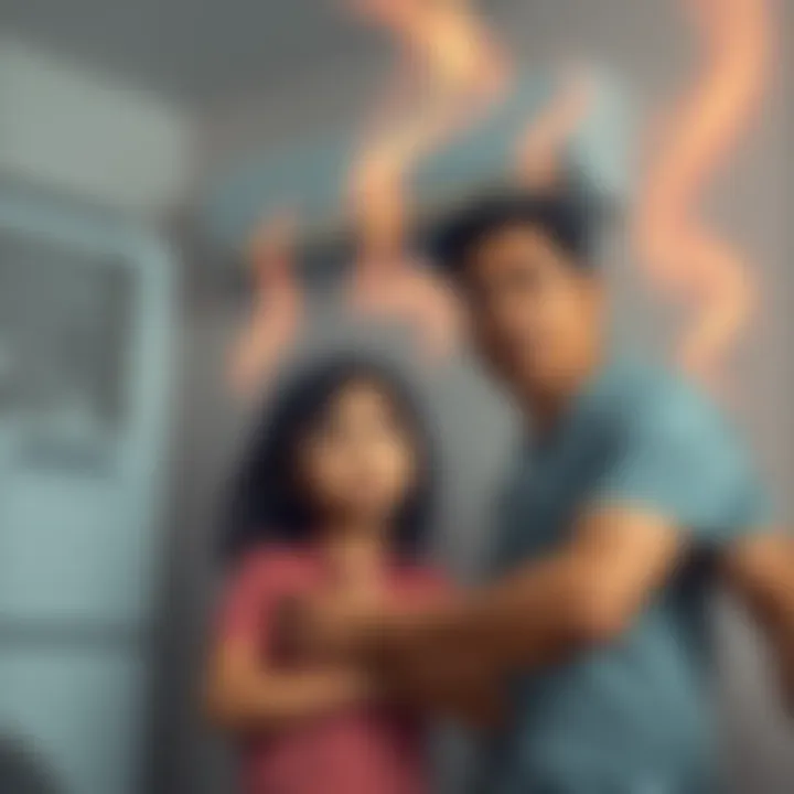 A family looking concerned next to an air conditioning unit, with visible odors depicted as wavy lines.