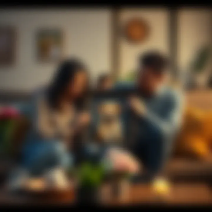 A family sitting together, tears in their eyes, holding a framed photo of their dog Charlie, surrounded by flowers and mementos in a cozy living room setting