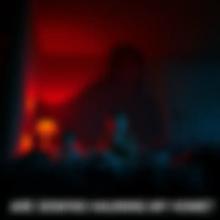 A family looks frightened in a dimly lit room, with shadows cast on the walls and mysterious scratches visible on surfaces.