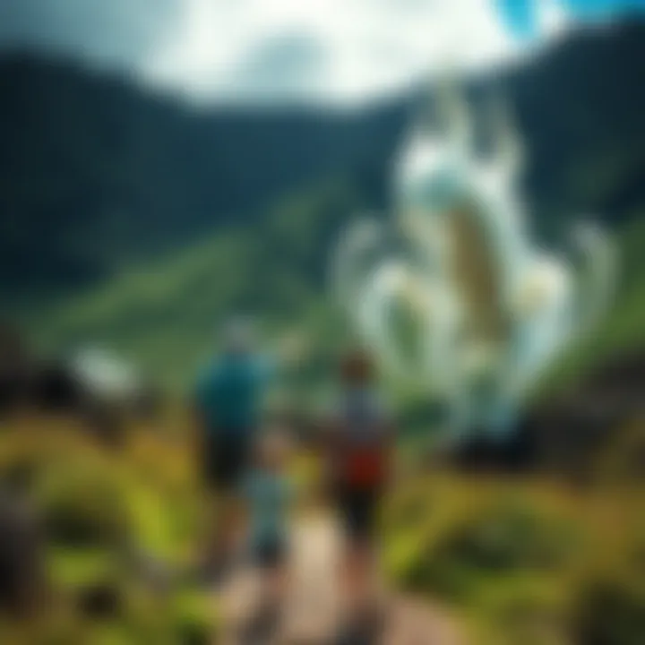 Family Hiking in Koko Crater A family stands on a hiking trail in Hawaii, pointing at a large, mysterious creature with white, transparent skin nearby.