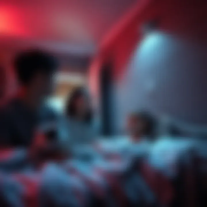 Family hears strange knocking sounds Family looks puzzled at their bedroom wall while strange knocking is heard from inside, indicating possible paranormal activity or an animal