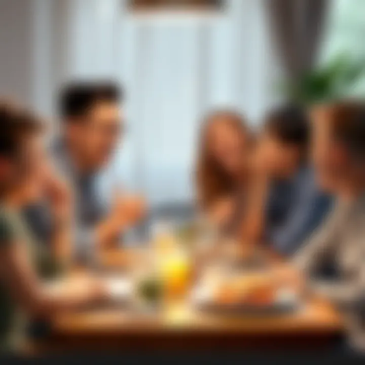 A lively family scene with members laughing around the dinner table, showing playful disagreements and humor.