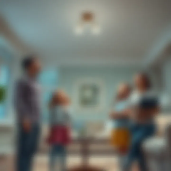 A family of four stands in their living room, looking up at the ceiling with puzzled expressions as a strange thud echoes from above.