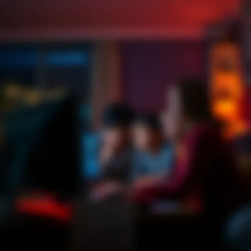 A family gathered around a computer, intently listening to mysterious voices from their security camera footage at night.