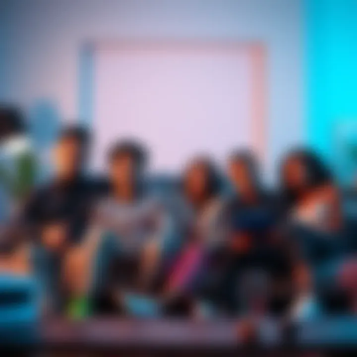 A family sitting in a living room, with some members enjoying rap music while others look confused or uninterested.