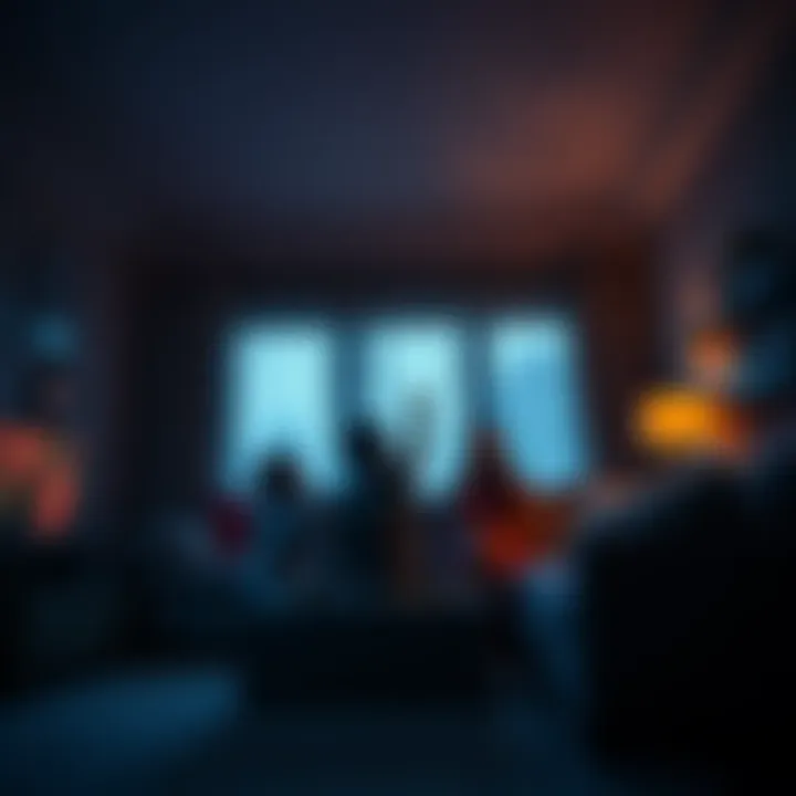 A family looks concerned in their living room as their child points at the ceiling, with shadows creating an eerie atmosphere.