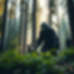 A family of Sasquatch stands together in a dense forest, surrounded by tall trees and greenery.