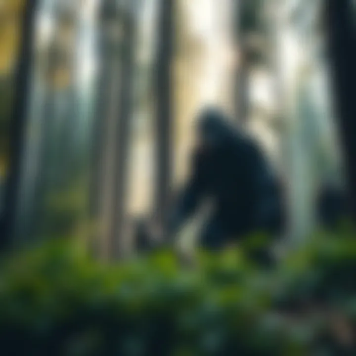A family of Sasquatch stands together in a dense forest, surrounded by tall trees and greenery.