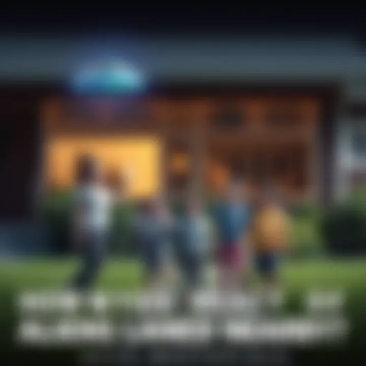 A family stands in their front yard, looking surprised as a small alien spacecraft hovers nearby. The mother appears welcoming while the children show a mix of curiosity and fear.
