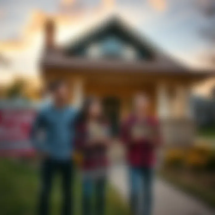 A family stands outside a house with a 'For Sale' sign, looking hopeful but confused while holding tarot cards in their hands.
