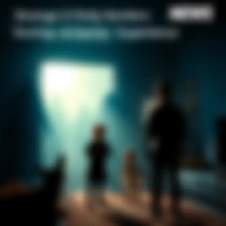 A family in a dimly lit room looks startled as they see tall, shadowy figures around them during a COVID-19 episode.