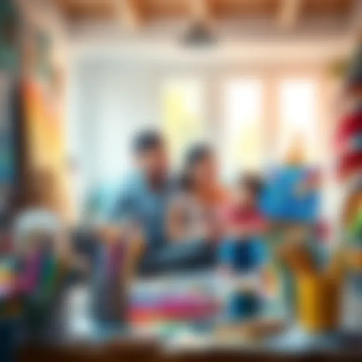 Family enjoying art together A happy family creates art together in a bright, colorful room filled with paintings and art supplies.