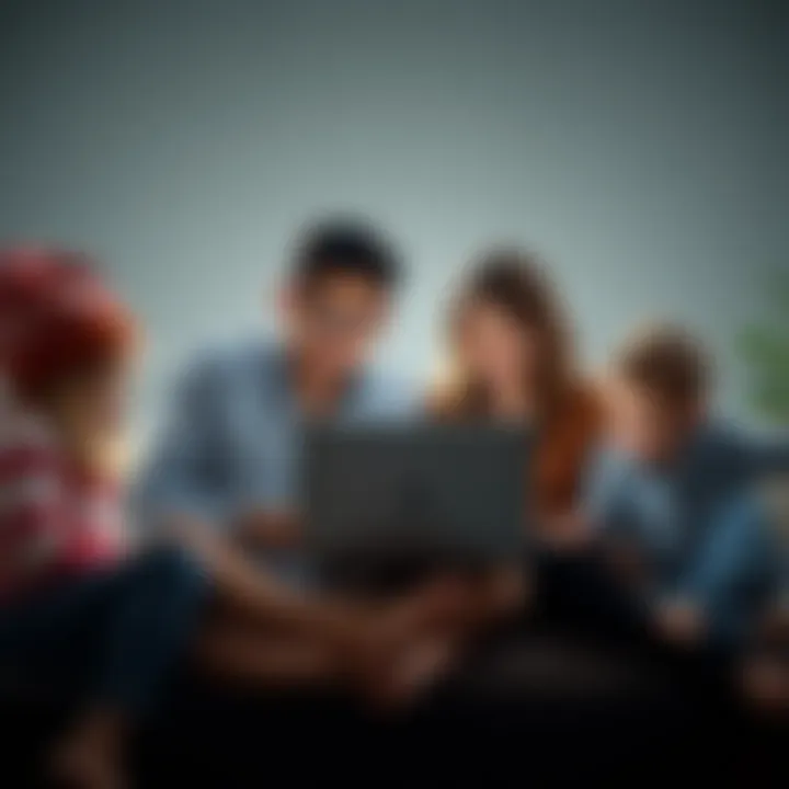 A family balancing multiple responsibilities together, including a parent working on a laptop while children play around.