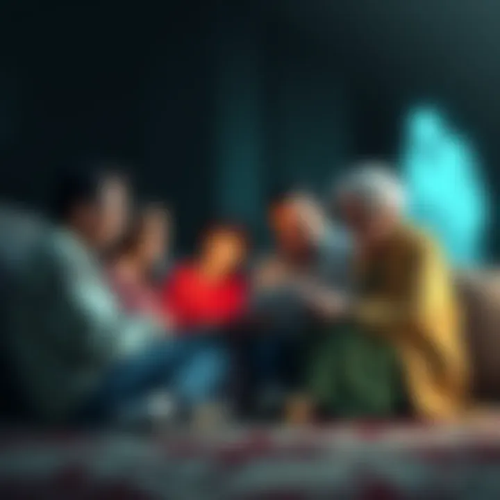 A family gathered together sharing stories about their experiences with nuchal cords and apparitions, with a faint image of a spirit in the background.