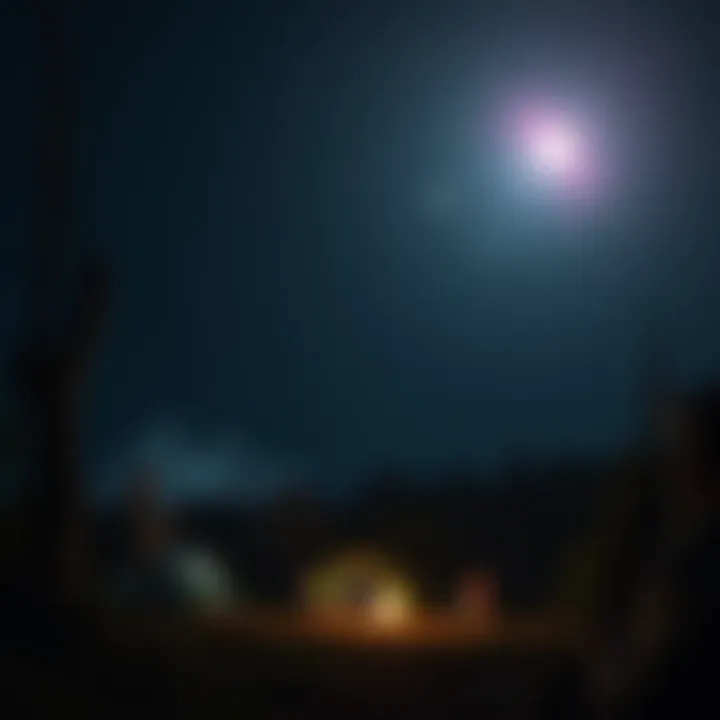 A family camping at night with a bright, unusual light in the sky