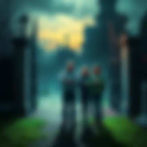 A family standing at the entrance of a spooky cemetery, looking uneasy as they hold the Randonautica app on their phones.