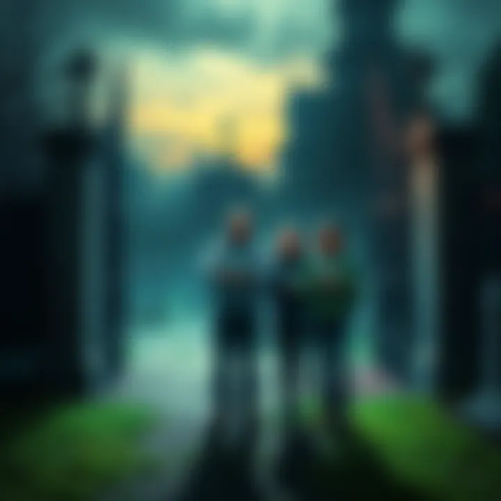 A family standing at the entrance of a spooky cemetery, looking uneasy as they hold the Randonautica app on their phones.