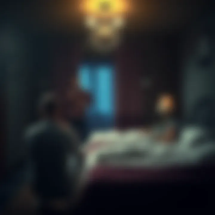 A person sitting alone in a dimly lit room, looking distressed, with a blurred image of a father drinking in the background and a sick mother resting on a bed.
