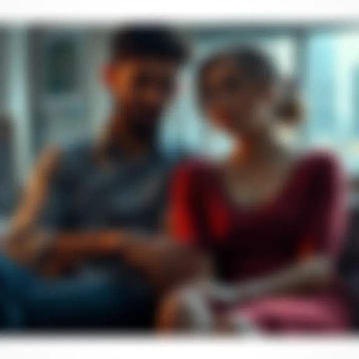 Family Connection Two people sitting closely together, sharing an intimate moment, with subtle expressions conveying mixed emotions and complexity.