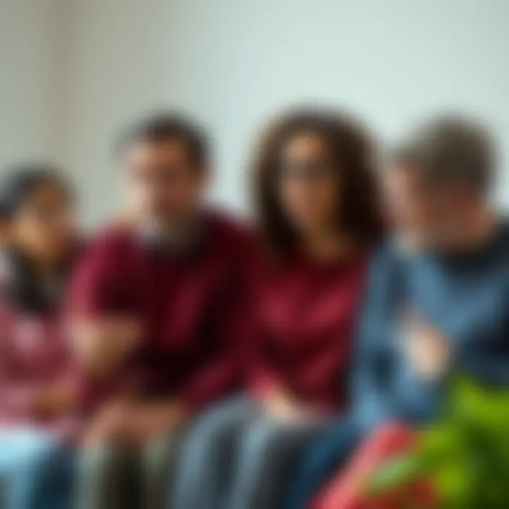 Family members talking with confusion A group of family members sitting together, looking at each other with puzzled expressions while one person says 'huh' during a conversation.