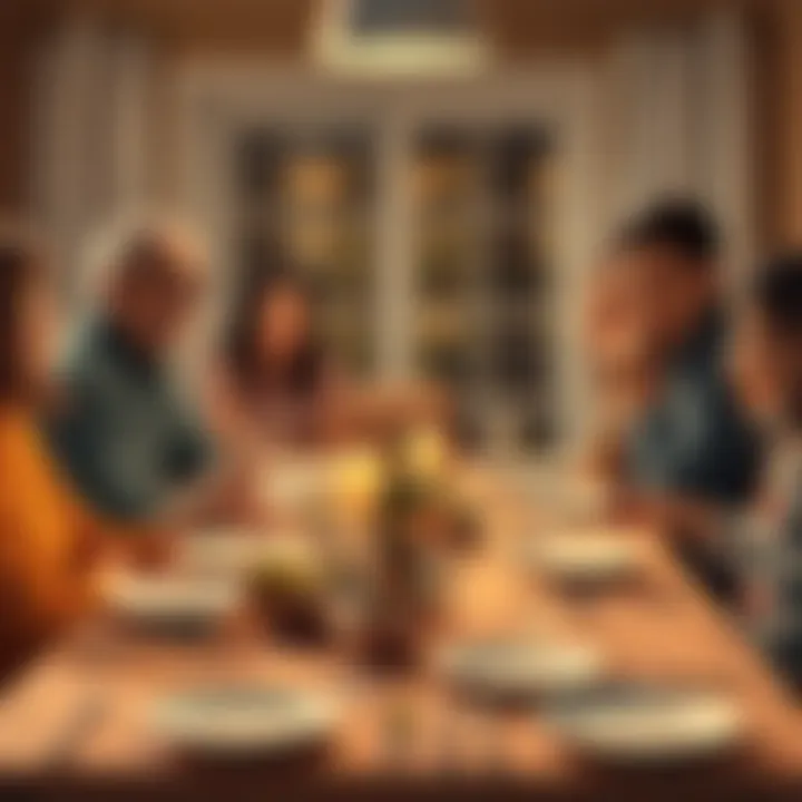 Family Dinner Surprise A family gathered around a dinner table, looking shocked after a name is mentioned, with empty plates and glasses on the table.
