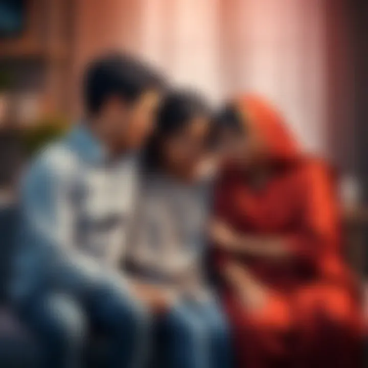 A couple sitting together with a mother figure discussing their relationship, highlighting parental involvement in marriage.