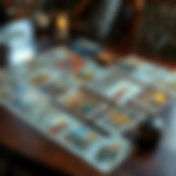 A tarot card spread laid out on a table, showing various cards depicting relationships and emotions, symbolizing the complex ties between a father and step-mother.